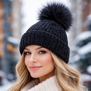 Black Chenille Pom Pom Beanie | Fleece Lined | Faux Fur Top